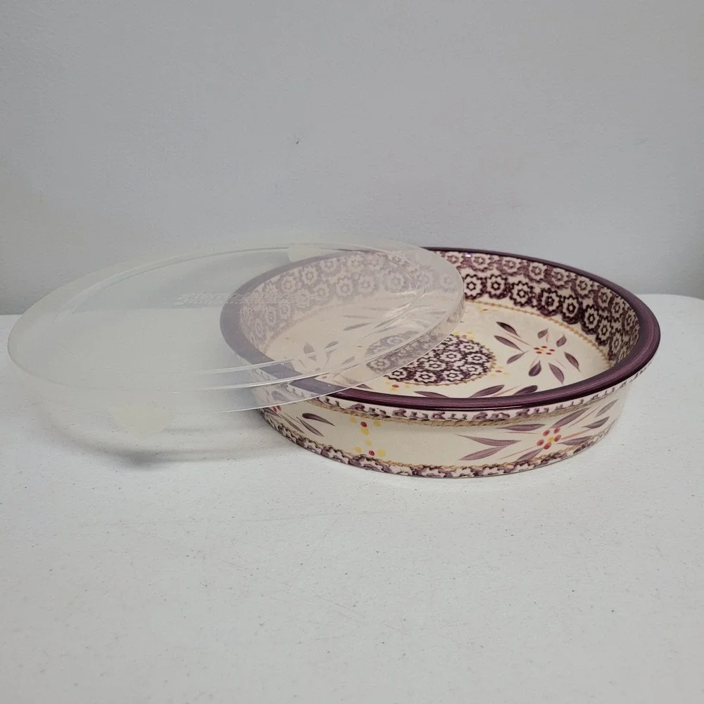 Temp-tations Old World Plum 9 Inch Round Baker with Lid Serving Dish Cottagecore